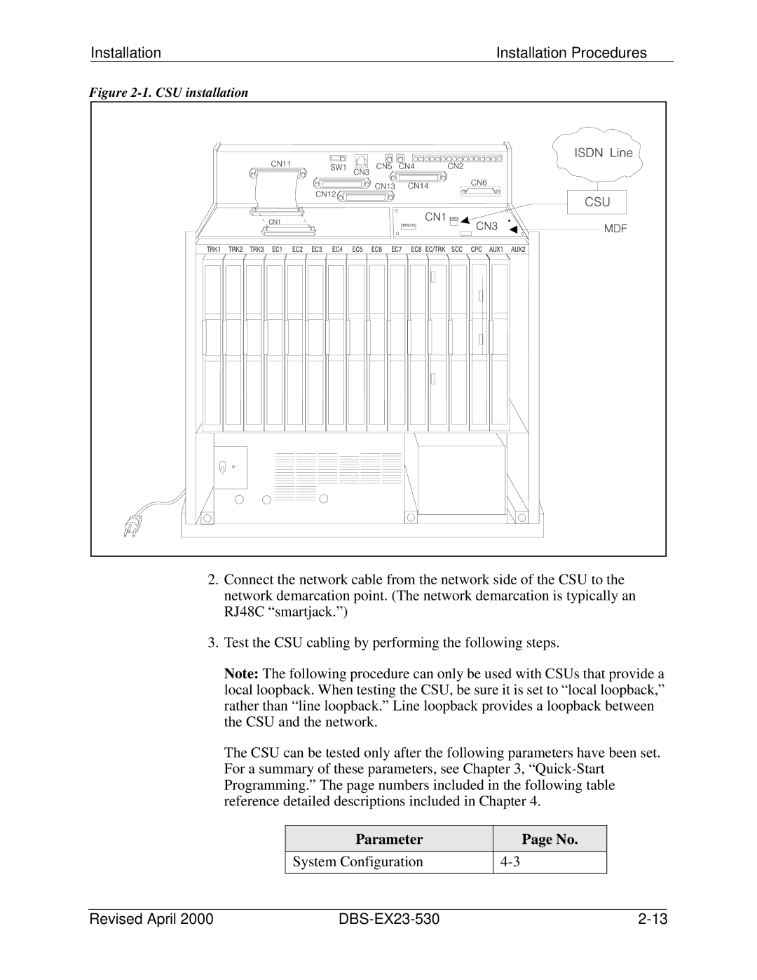 Philips DBS-EX23-530 manual Installation Installation Procedures, Parameter System Configuration 