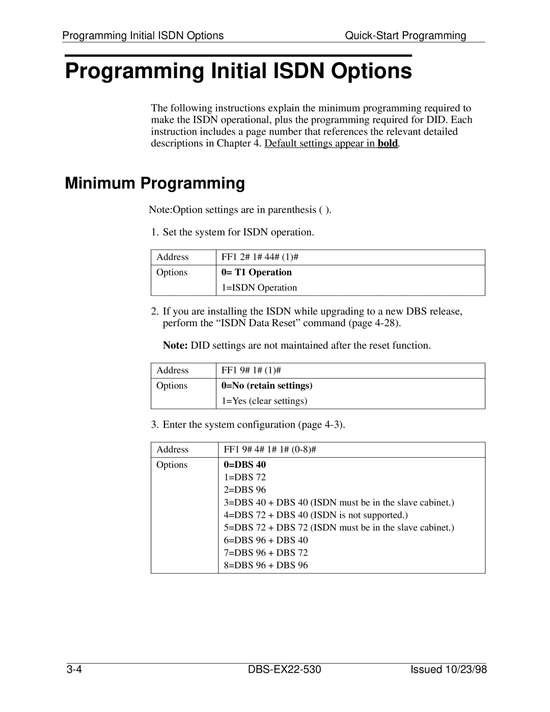 Philips DBS-EX23-530 manual Programming Initial Isdn Options, Minimum Programming, DBS-EX22-530 Issued 10/23/98 