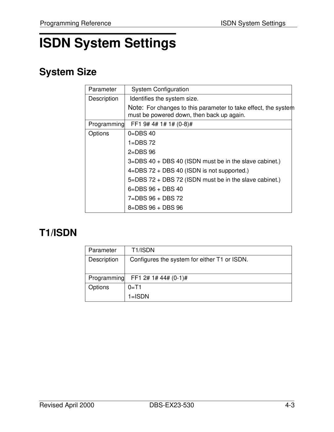 Philips DBS-EX23-530 manual System Size, Programming Reference Isdn System Settings, =T1 