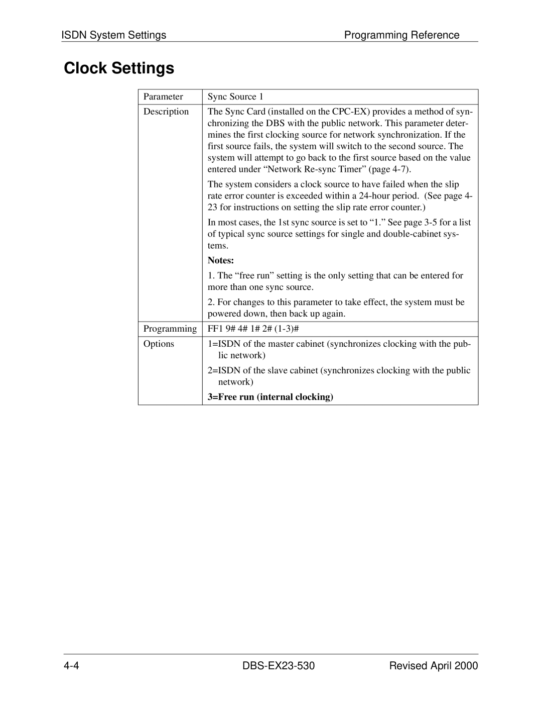 Philips DBS-EX23-530 manual Clock Settings, Isdn System SettingsProgramming Reference 