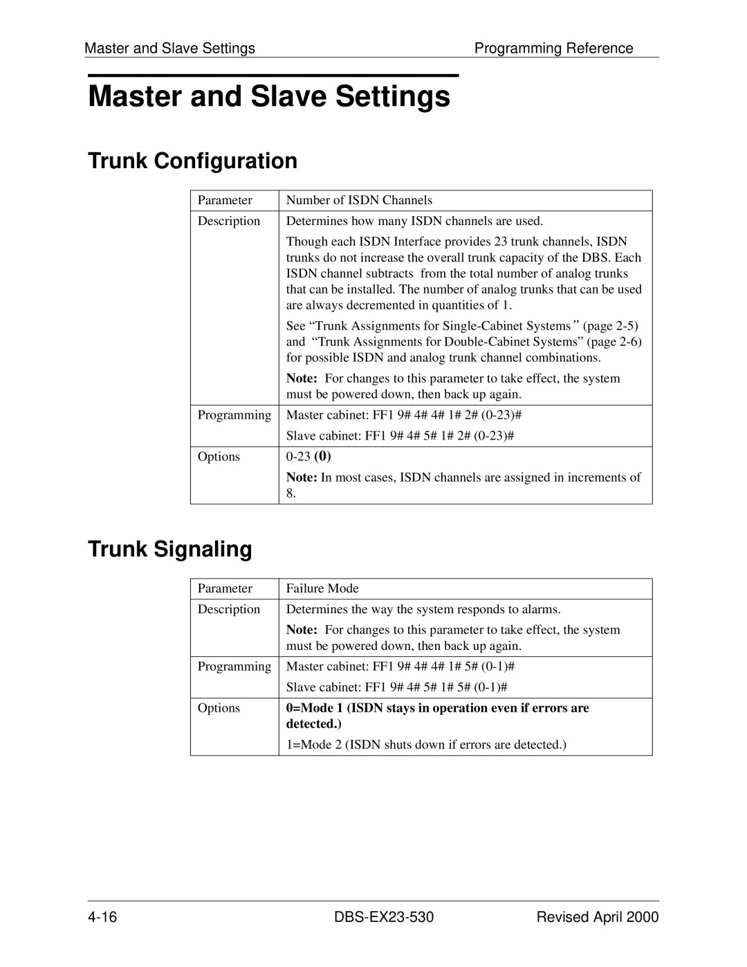 Philips DBS-EX23-530 manual Master and Slave Settings, Trunk Configuration, Trunk Signaling 