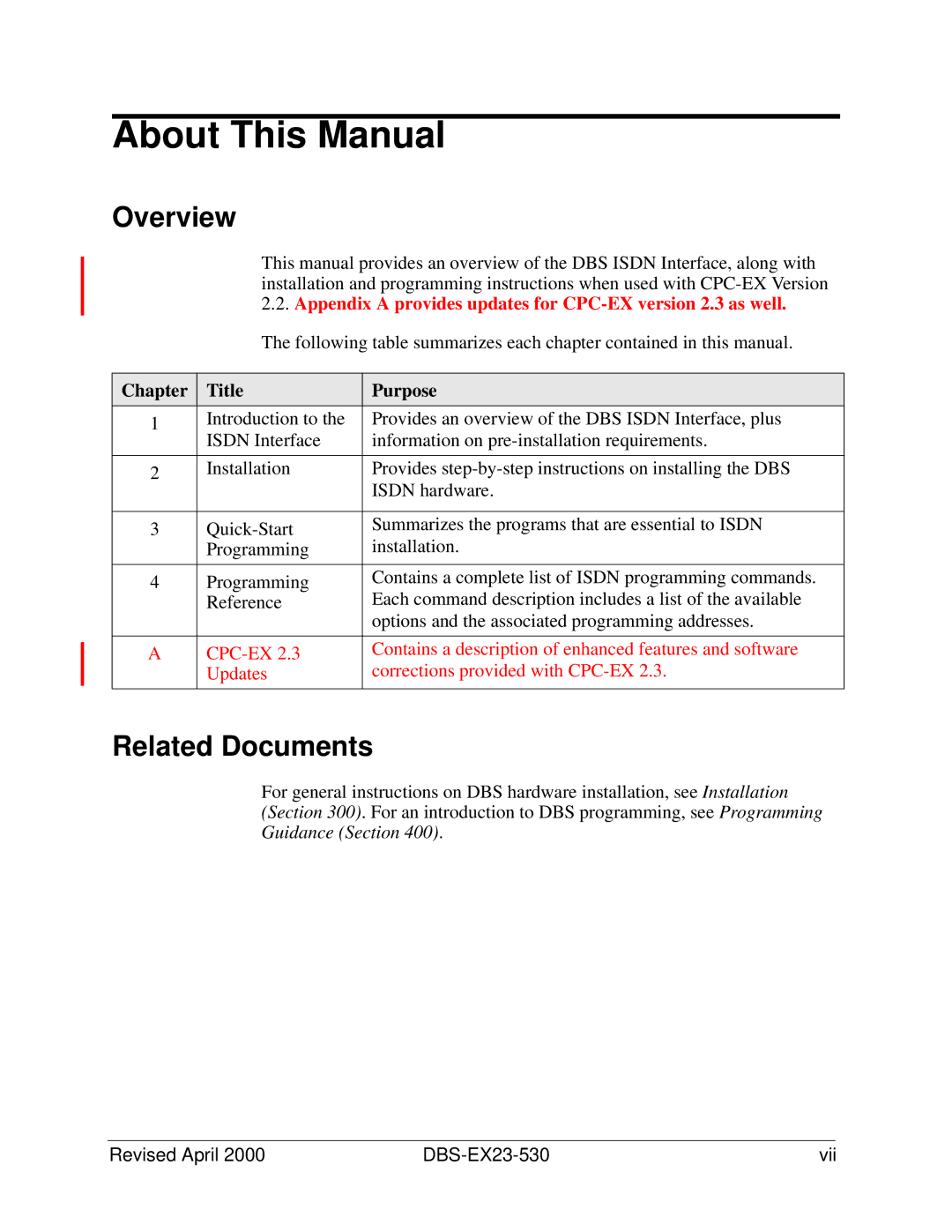 Philips manual About This Manual, Overview, Related Documents, Chapter Title Purpose, Revised April DBS-EX23-530 Vii 