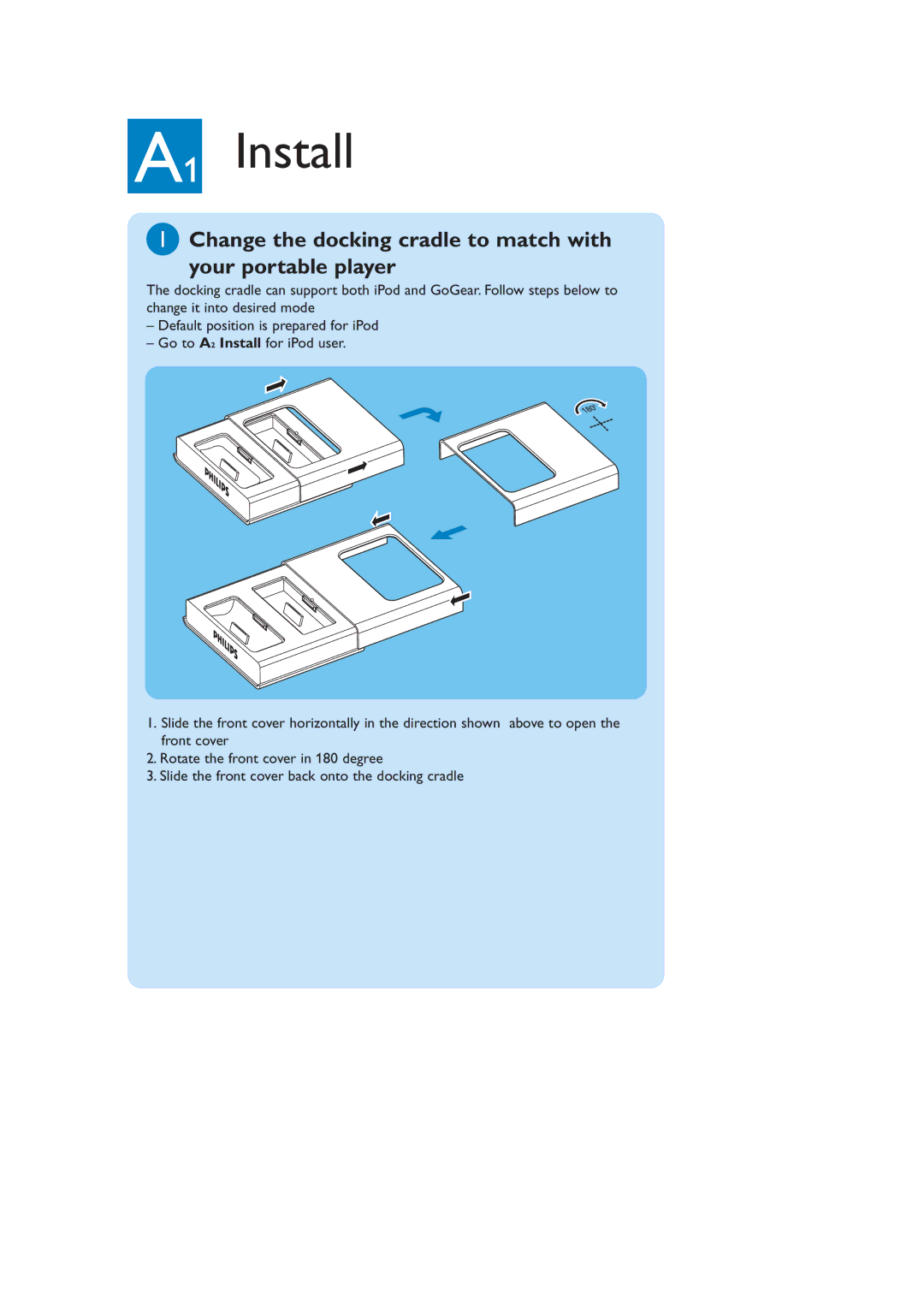 Philips DC1000/00 quick start A1 Install, Change the docking cradle to match with Your portable player 