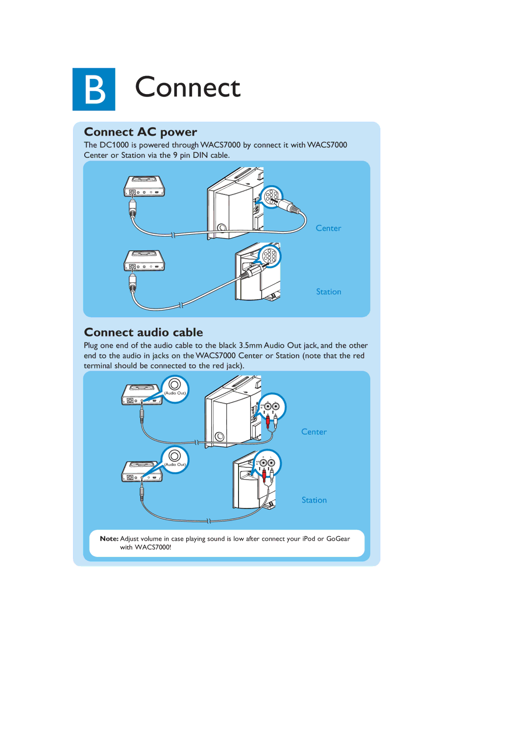 Philips DC1000/00 quick start Connect AC power, Connect audio cable 