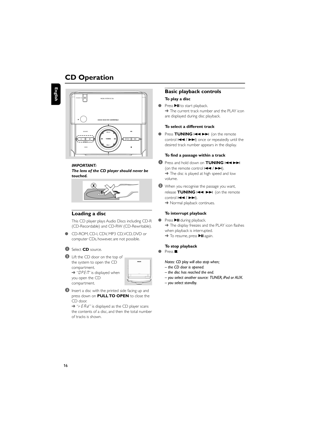 Philips DC156/37 quick start CD Operation, Loading a disc, Basic playback controls 