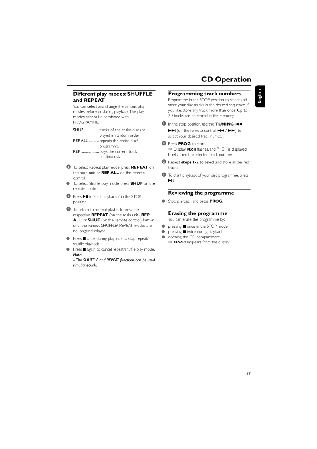 Philips DC156/37 quick start Different play modes Shuffle and Repeat, Programming track numbers, Reviewing the programme 