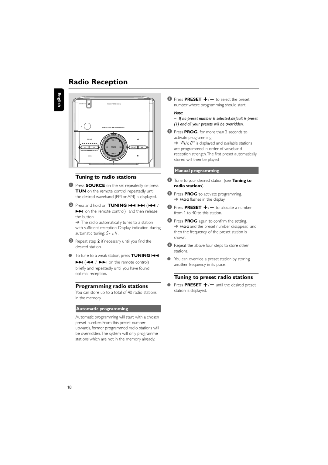 Philips DC156/37 Radio Reception, Tuning to radio stations, Programming radio stations, Tuning to preset radio stations 