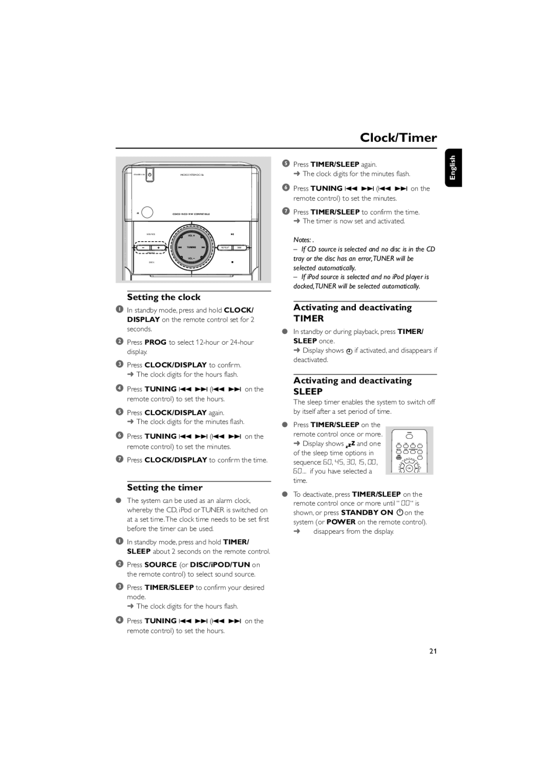 Philips DC156/37 quick start Setting the clock, Activating and deactivating, Setting the timer 