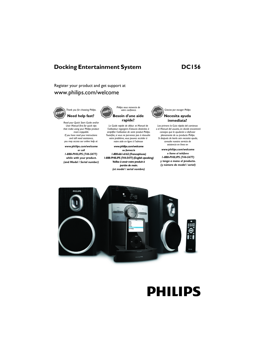Philips DC156/37 quick start Docking Entertainment System, Register your product and get support at, Need help fast? 