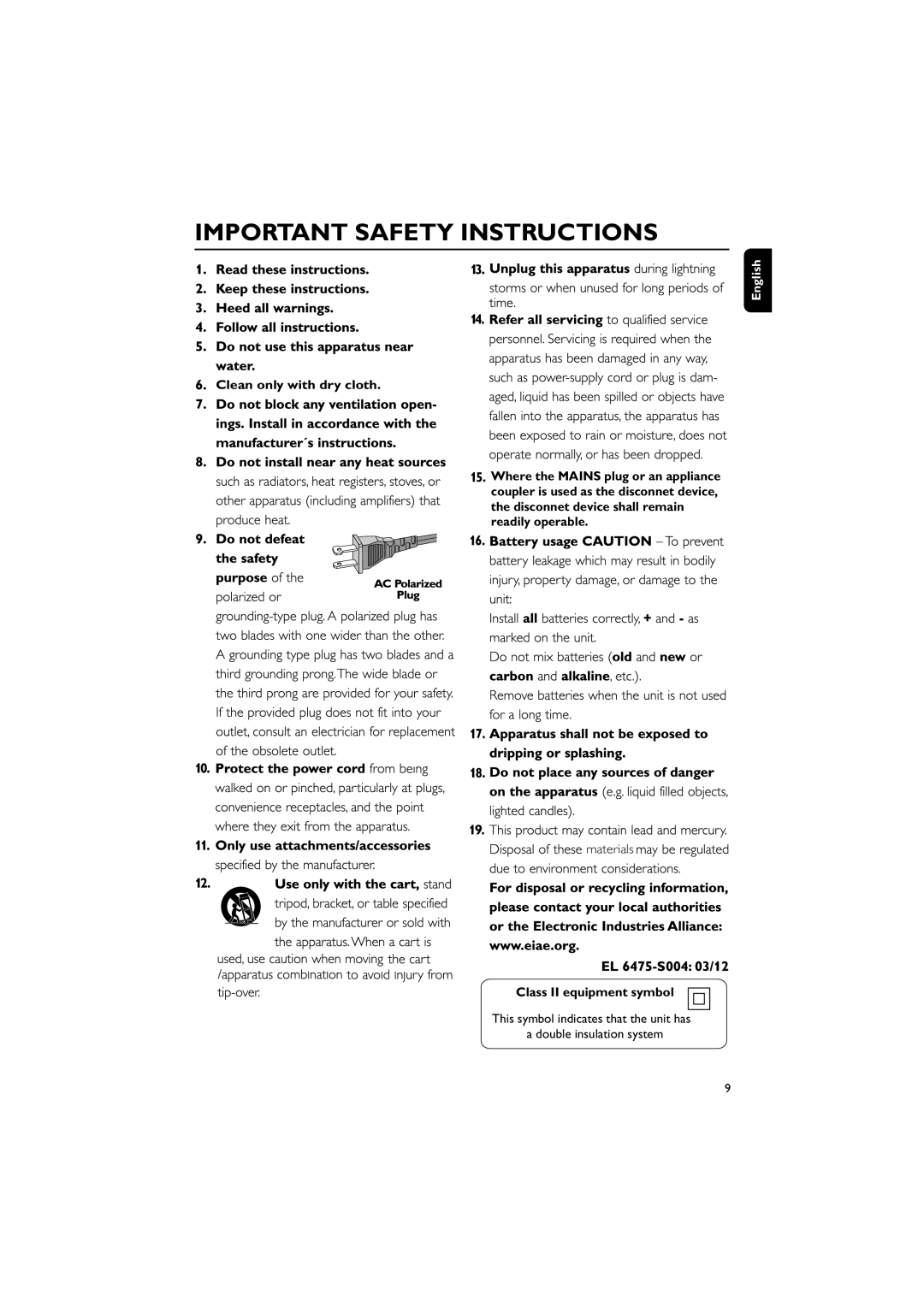Philips DC156/37 quick start Important Safety Instructions, Clean only with dry cloth, English, Class II equipment symbol 