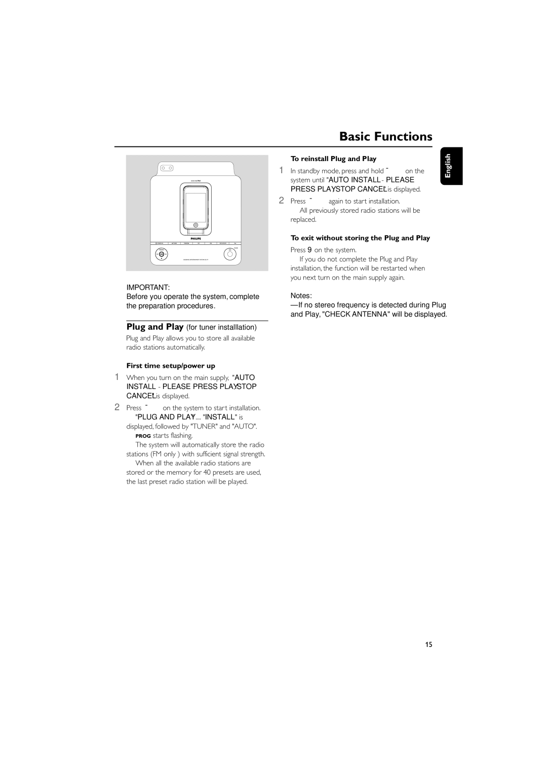 Philips DC177 owner manual Basic Functions, To reinstall Plug and Play, To exit without storing the Plug and Play 