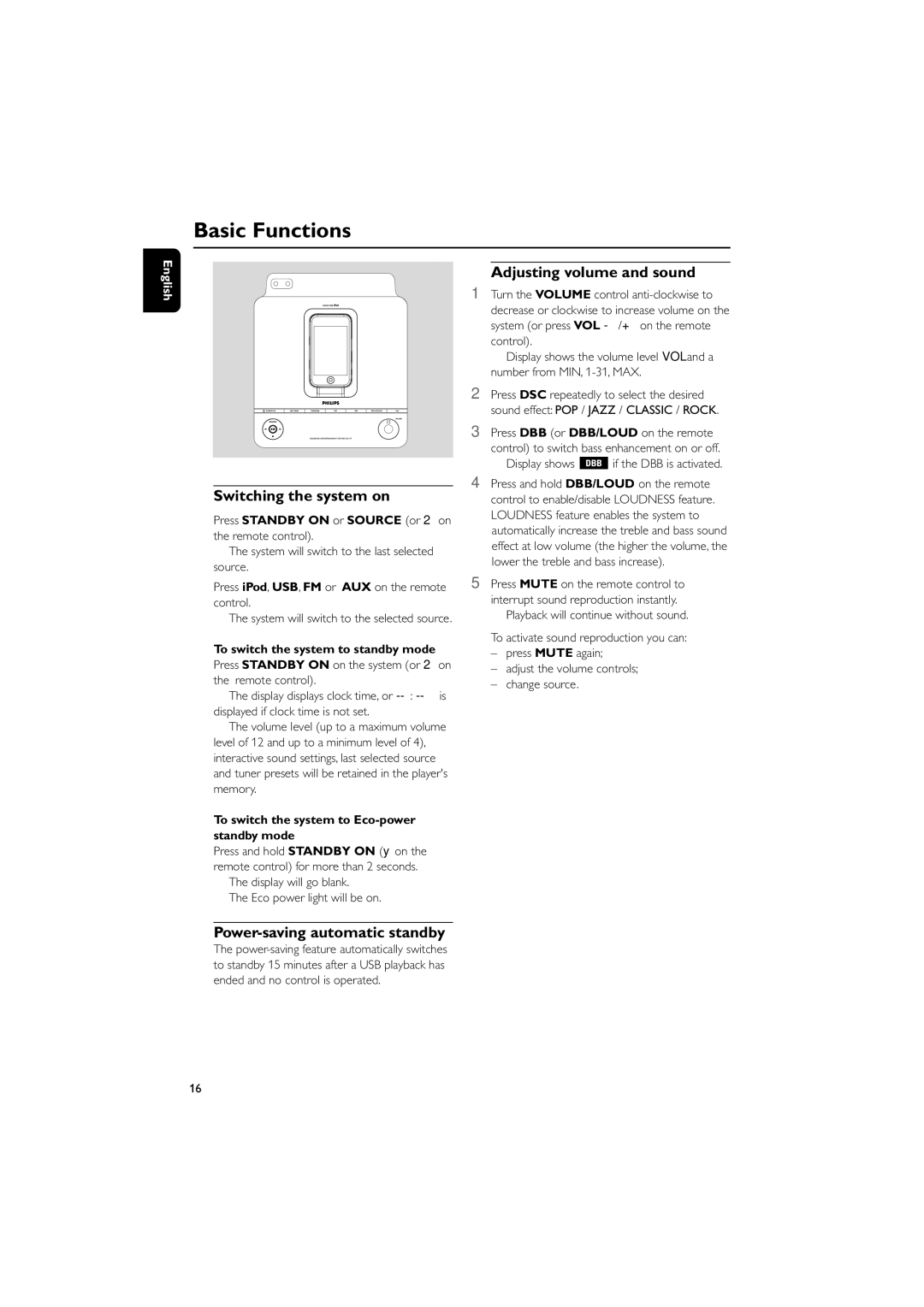 Philips DC177 owner manual Adjusting volume and sound, Switching the system on, Power-saving automatic standby 