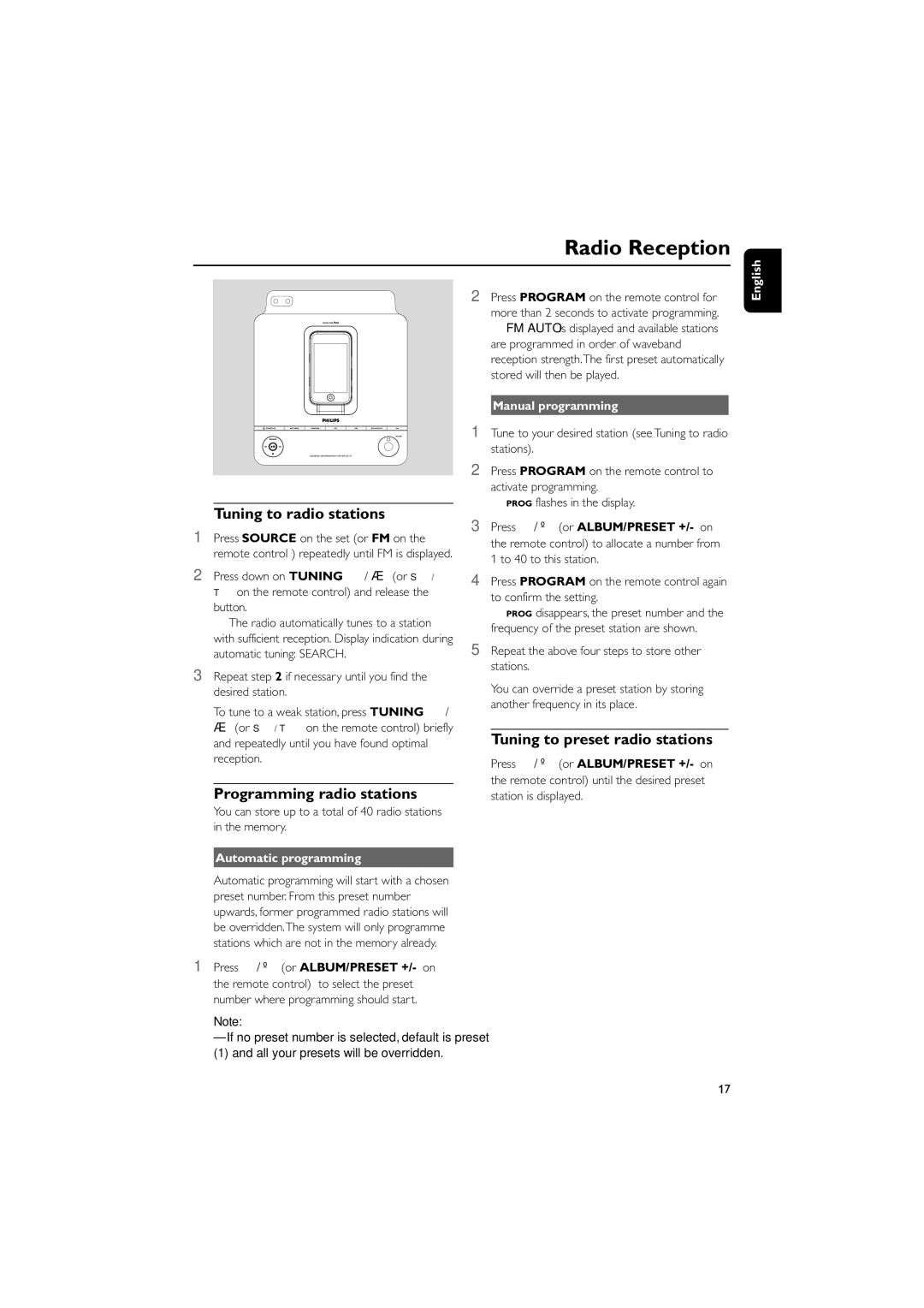 Philips DC177 Radio Reception, Tuning to radio stations, Programming radio stations, Tuning to preset radio stations 