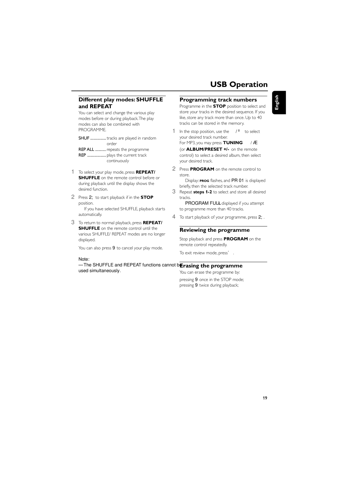 Philips DC177 USB Operation, Different play modes Shuffle and Repeat, Programming track numbers, Reviewing the programme 