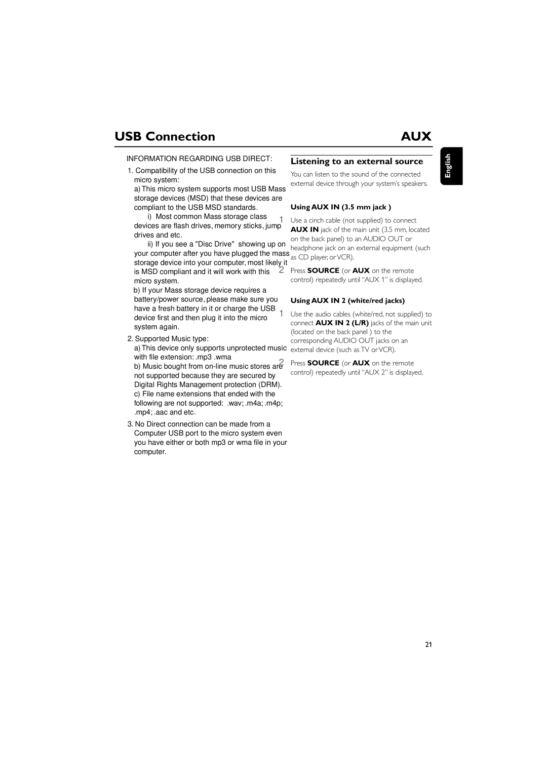 Philips DC177 owner manual Listening to an external source, Using AUX in 3.5 mm jack, Using AUX in 2 white/red jacks 