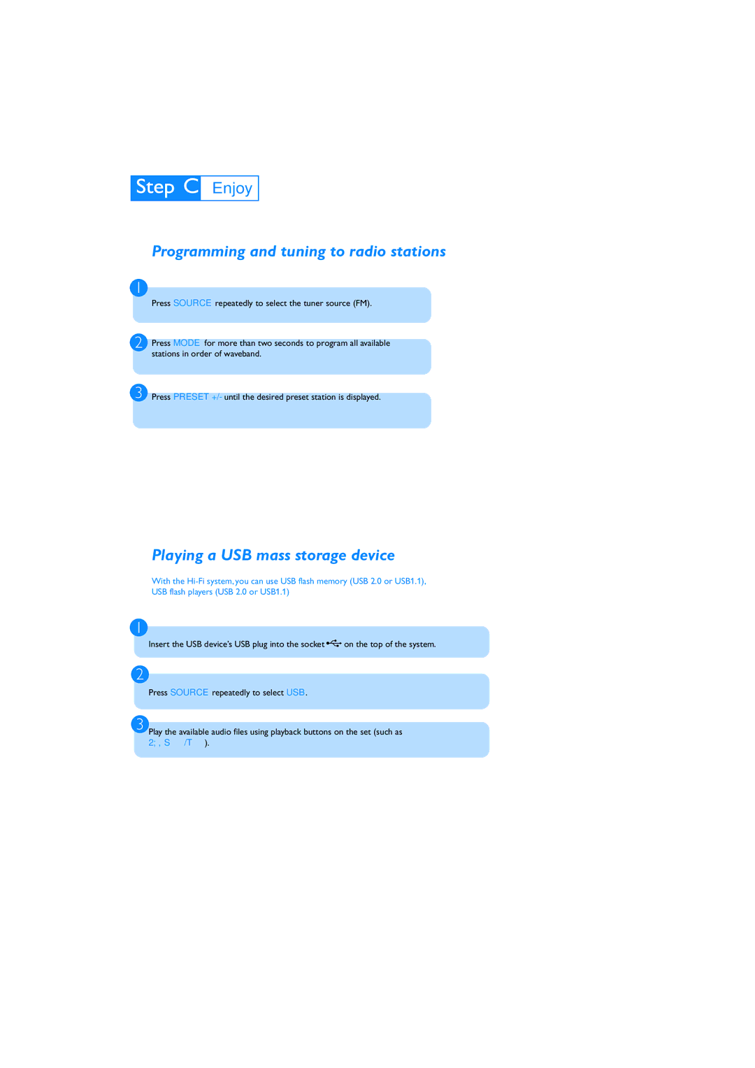 Philips DC185 quick start Programming and tuning to radio stations, Playing a USB mass storage device 