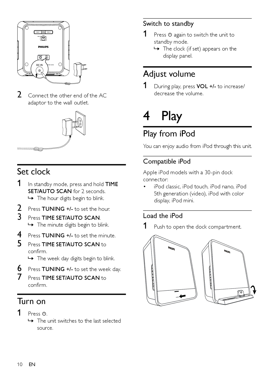 Philips DC190B/37 user manual Set clock, Turn on, Adjust volume, Play from iPod 