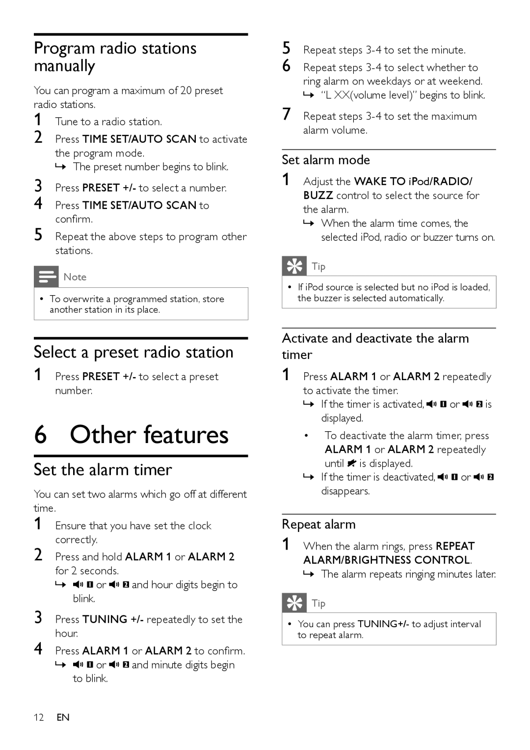 Philips DC190B/37 user manual Other features, Program radio stations manually, Set the alarm timer 