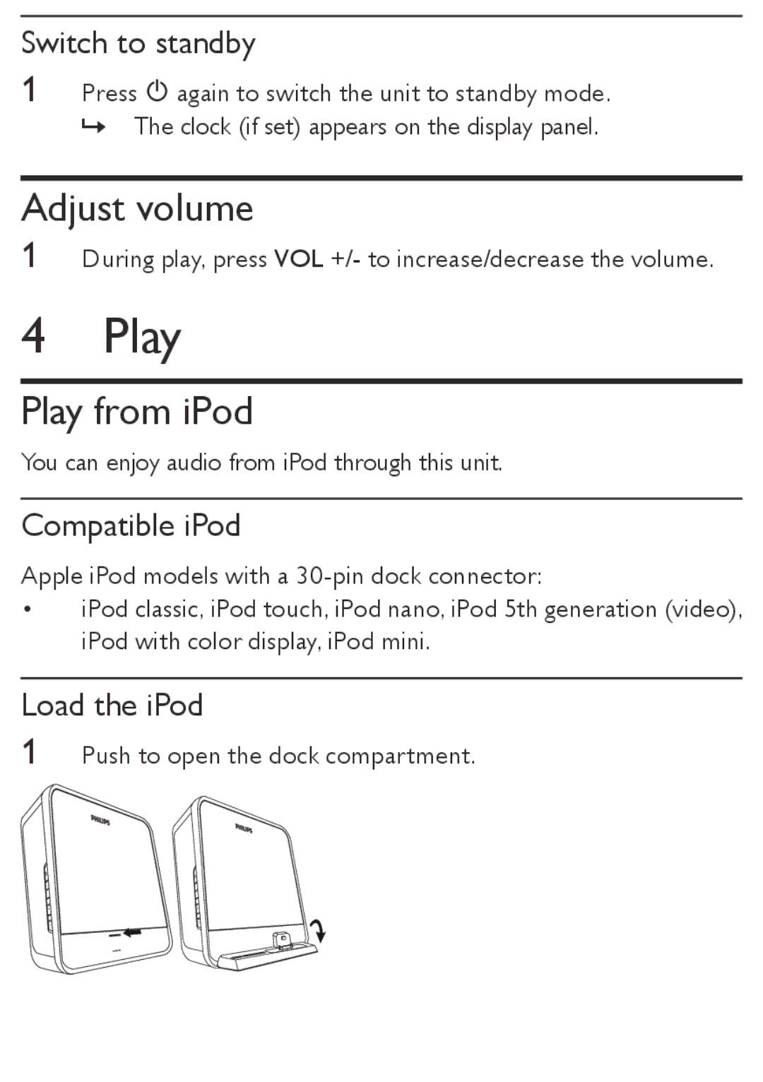 Philips DC190 user manual Adjust volume, Play from iPod 