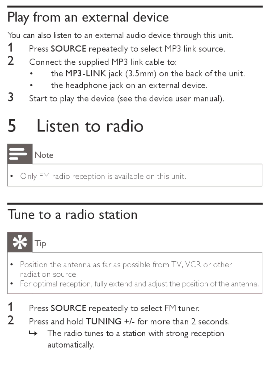 Philips DC190 user manual Listen to radio, Play from an external device, Tune to a radio station 