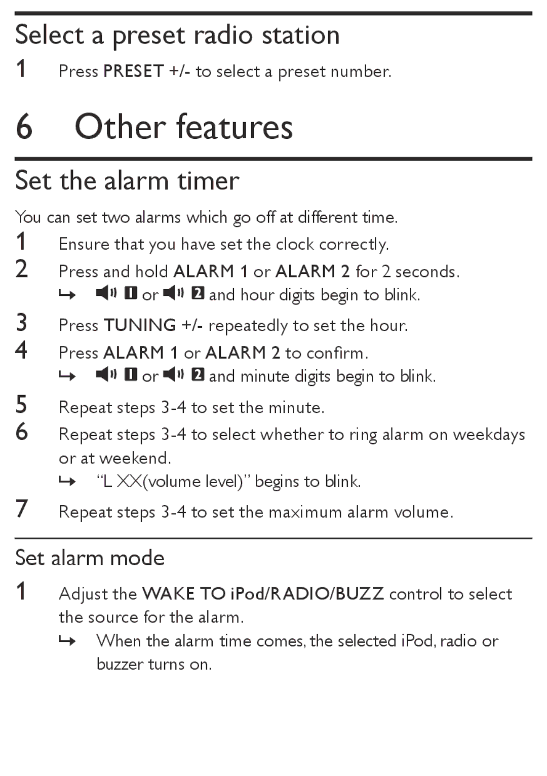 Philips DC190 user manual Other features, Select a preset radio station, Set the alarm timer, Set alarm mode 