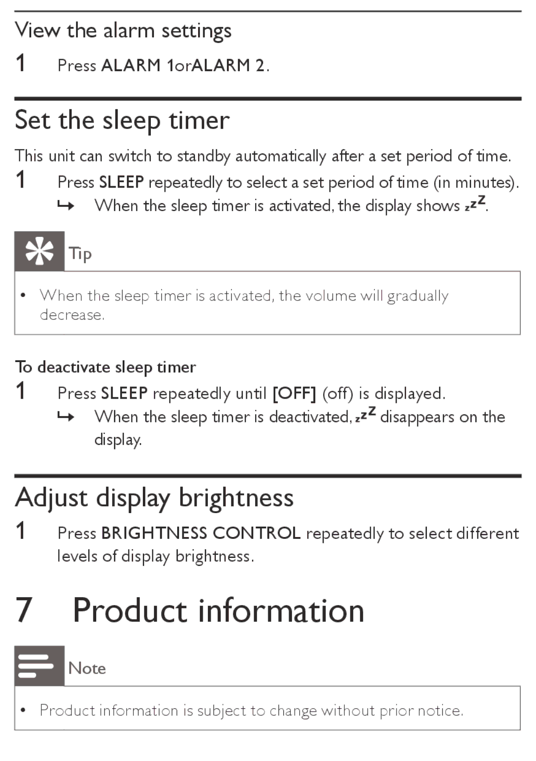 Philips DC190 user manual Product information, Set the sleep timer, Adjust display brightness, View the alarm settings 