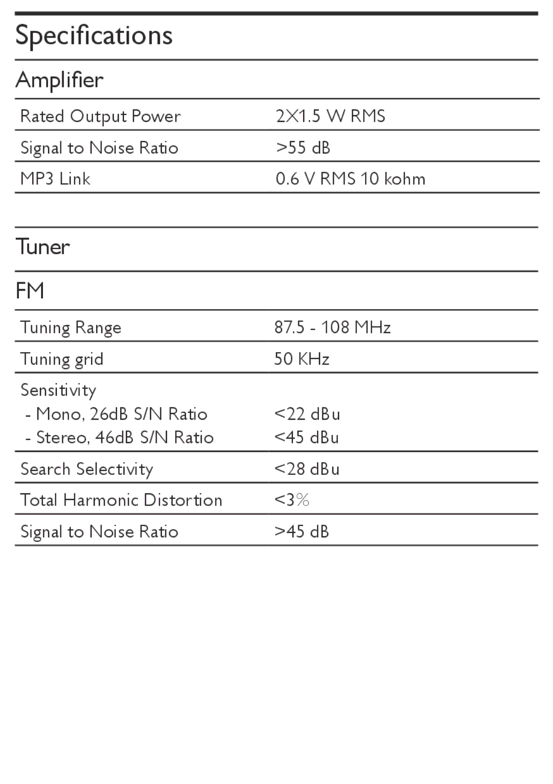 Philips DC190 user manual Specifications, Amplifier, Tuner 