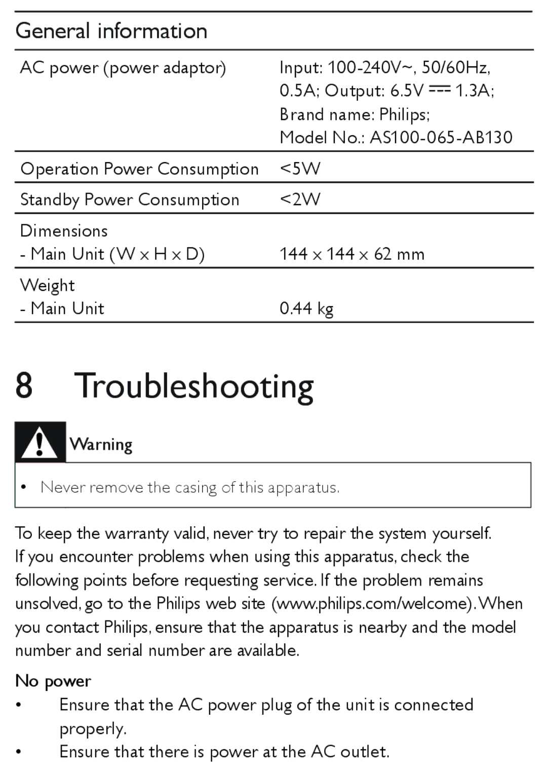 Philips DC190 user manual Troubleshooting, General information 