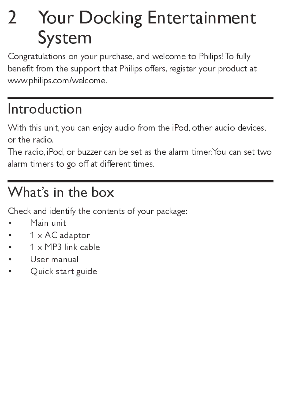 Philips DC190 user manual Your Docking Entertainment System, Introduction, What’s in the box 