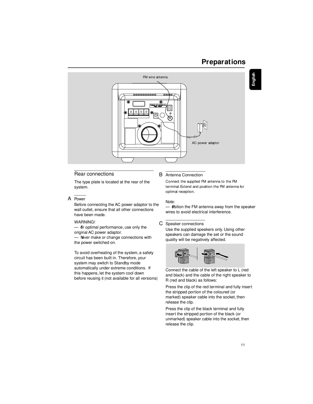 Philips DC199B quick start Preparations, Rear connections, Power, Antenna Connection, Speaker connections 