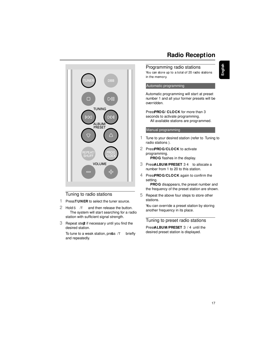 Philips DC199B Radio Reception, Tuning to radio stations, Programming radio stations, Tuning to preset radio stations 