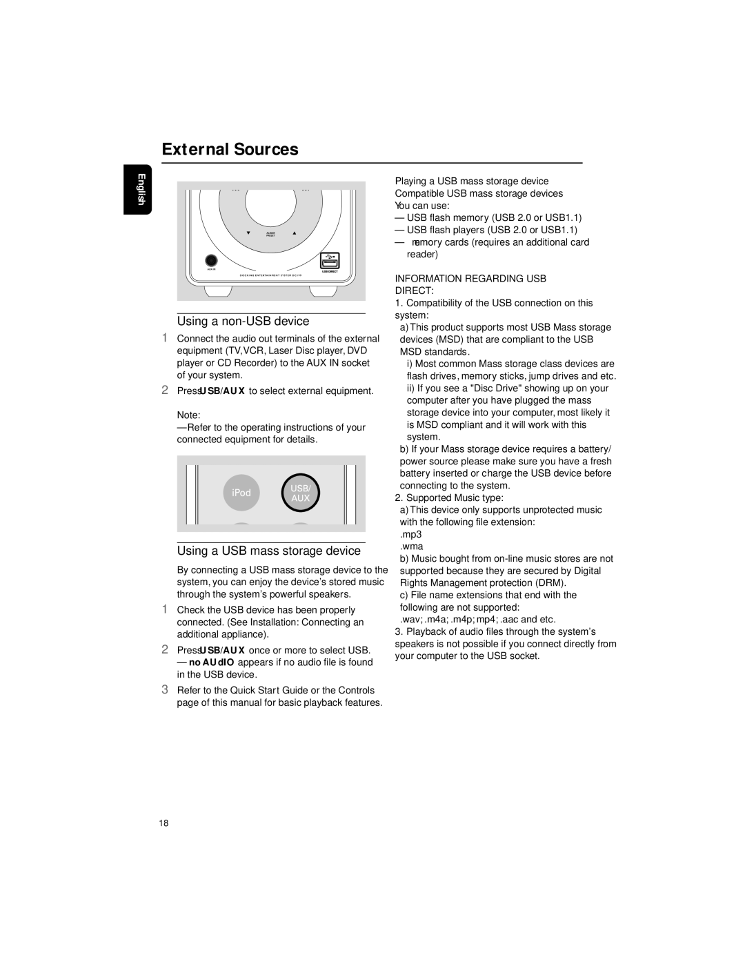 Philips DC199B quick start External Sources, Using a non-USB device, Using a USB mass storage device 