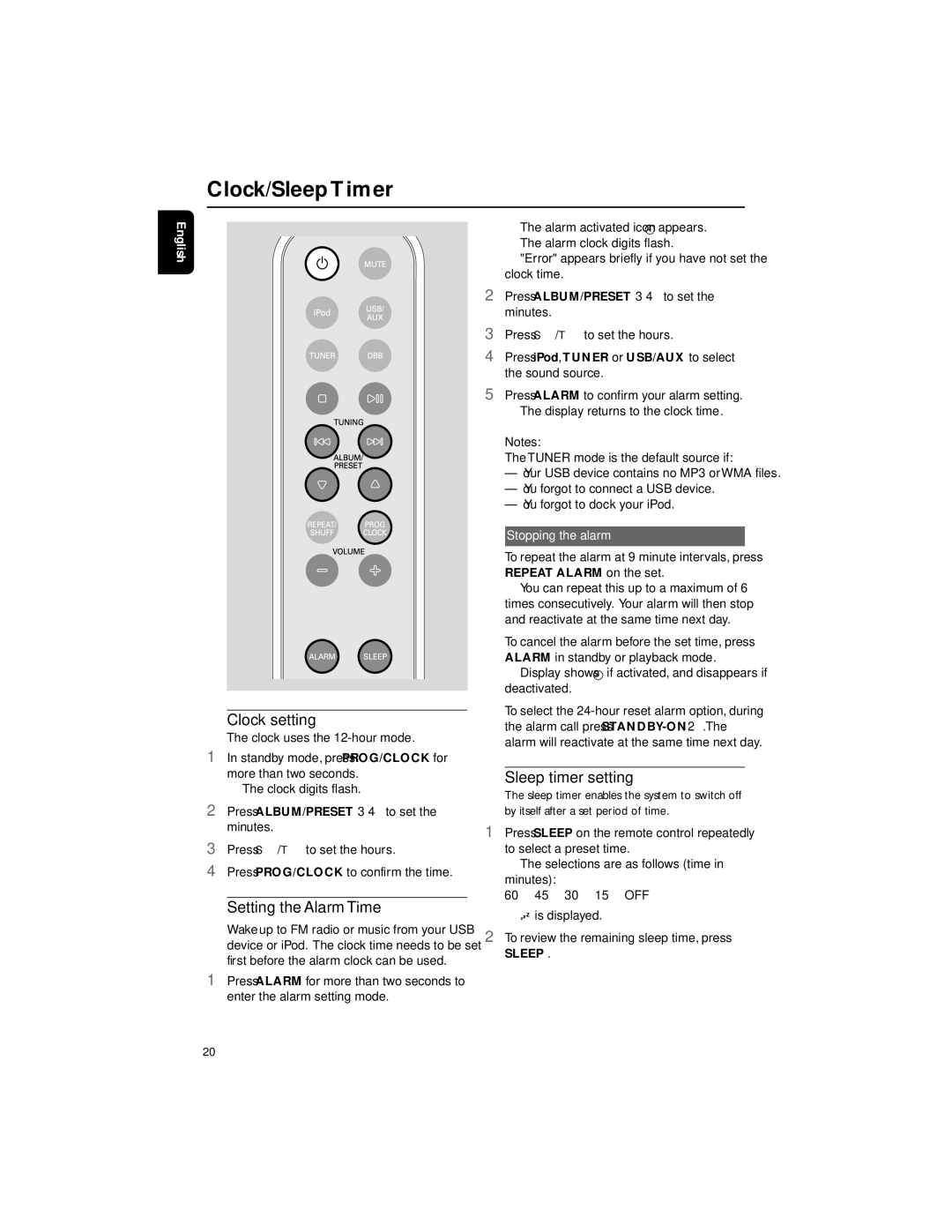 Philips DC199B Clock/Sleep Timer, Clock setting, Setting the Alarm Time, Sleep timer setting, Stopping the alarm 