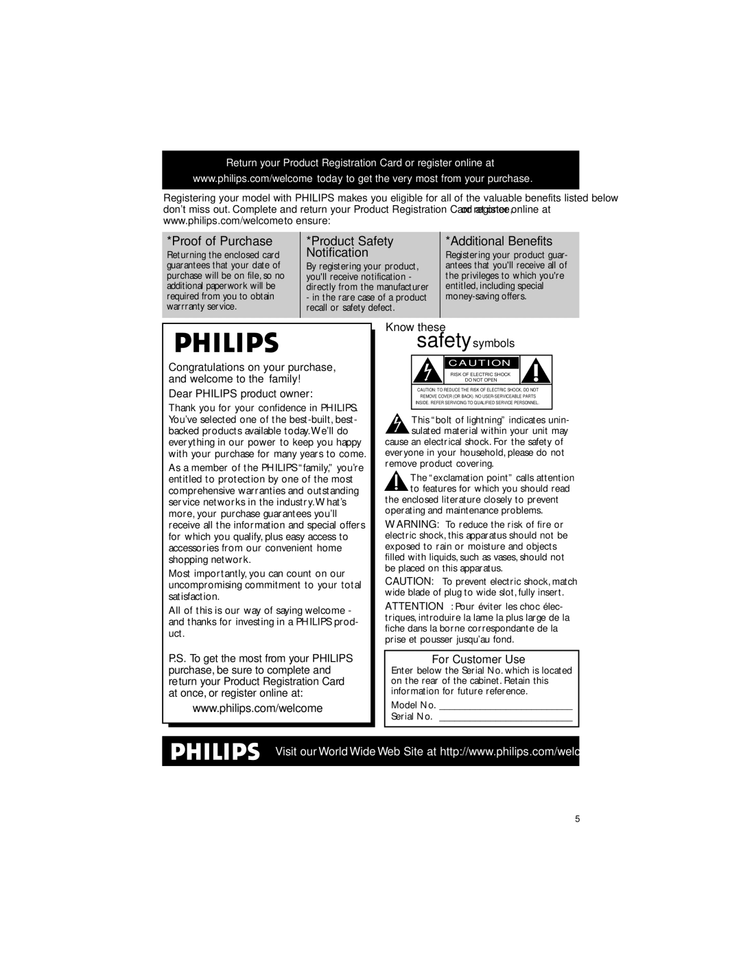 Philips DC199B For Customer Use, Return your Product Registration Card or register online at, Returning the enclosed card 