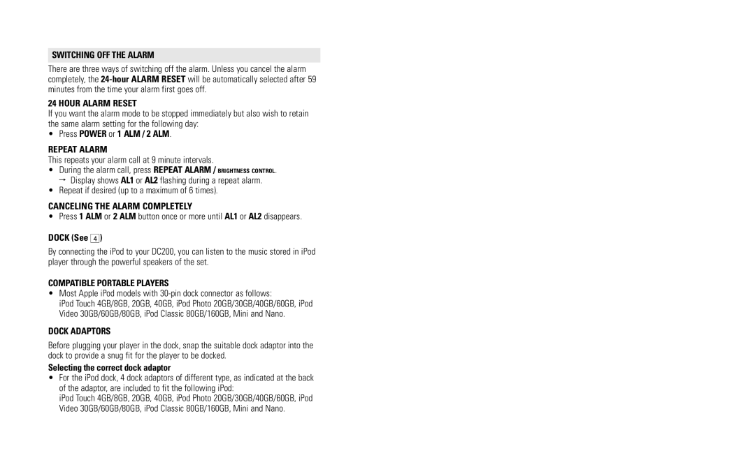 Philips DC200/05 Switching OFF the Alarm, Hour Alarm Reset, Repeat Alarm, Canceling the Alarm Completely, Dock Adaptors 