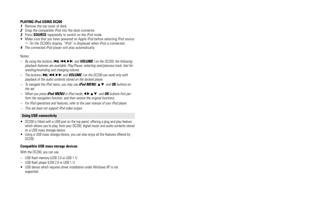 Philips DC200/05 user manual Playing iPod Using DC200, Using USB connectivity, Compatible USB mass storage devices 