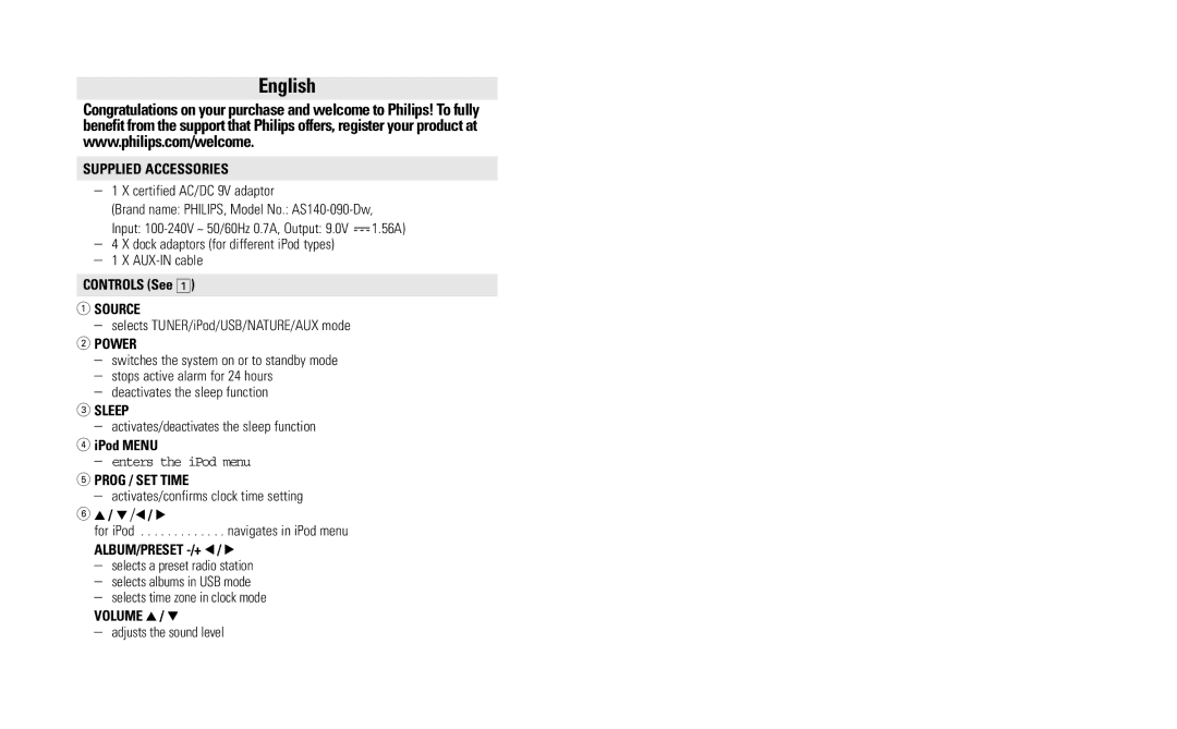 Philips DC200/05 user manual Supplied Accessories, Source, Power, Sleep, Prog / SET Time 