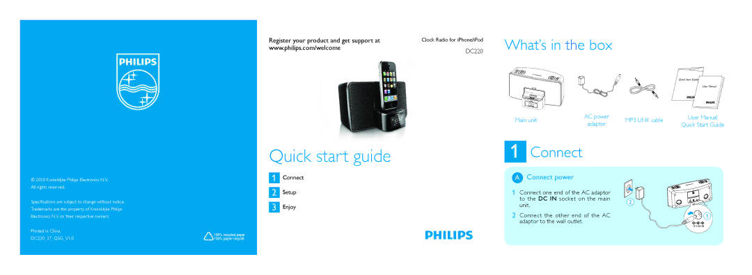 Philips DC220/37 quick start What’s in the box, Connect power, Connect Setup Enjoy 