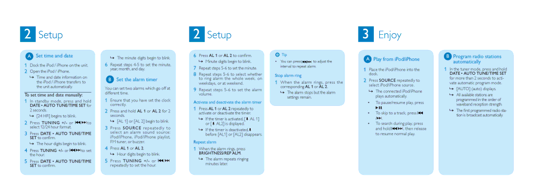 Philips DC220/37 quick start Setup Enjoy, Set time and date, Set the alarm timer, Play from iPod/iPhone 