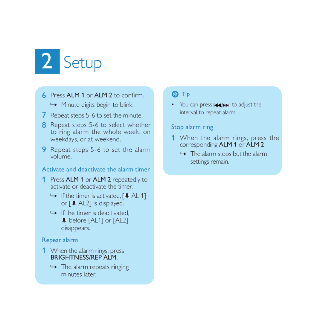 Philips DC220/05 quick start Setup, Press ALM 1 or ALM 2 to conﬁ rm, Repeat steps 5-6 to select whether 