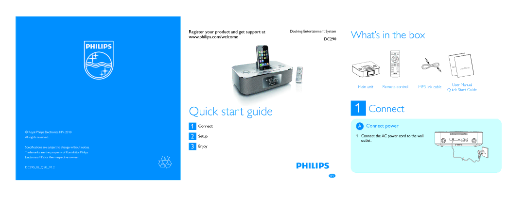 Philips DC290/05 quick start Connect power, Connect Setup Enjoy, Main unit Remote control MP3 link cable 