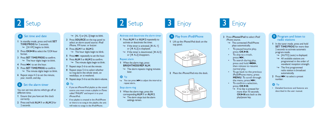 Philips DC290/05 Set time and date, Set the alarm timer, Play from iPod/iPhone, Program and listen to radio stations 