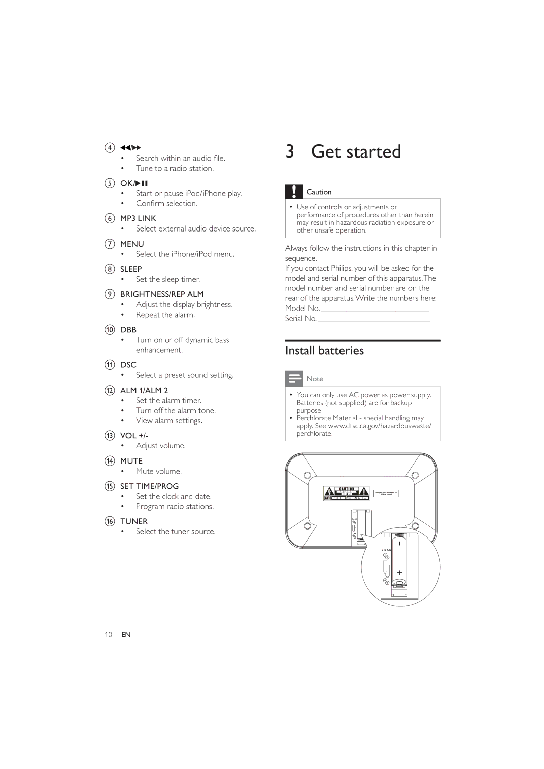 Philips DC290/37 Get started, Install batteries, Always follow the instructions in this chapter in sequence, Serial No 