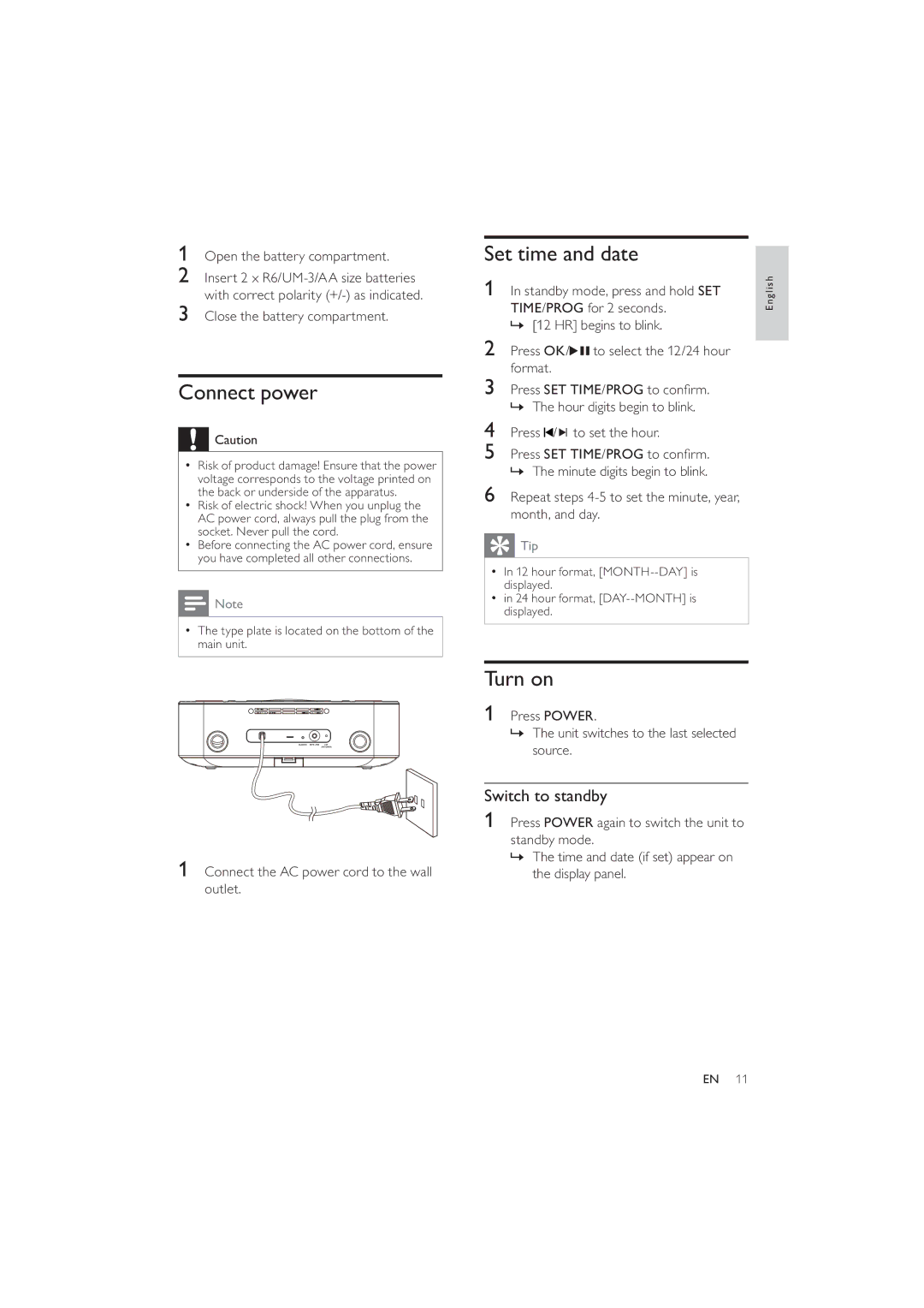 Philips DC290/37 user manual Connect power, Set time and date, Turn on, Switch to standby 