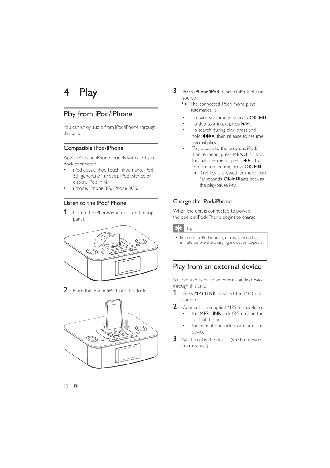 Philips DC290/37 user manual Play from iPod/iPhone, Play from an external device 