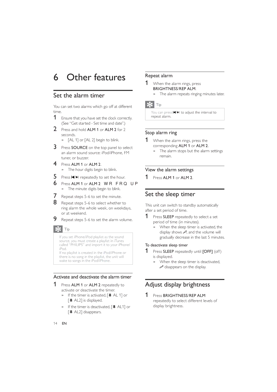 Philips DC290/37 user manual Other features, Set the alarm timer, Set the sleep timer, Adjust display brightness 