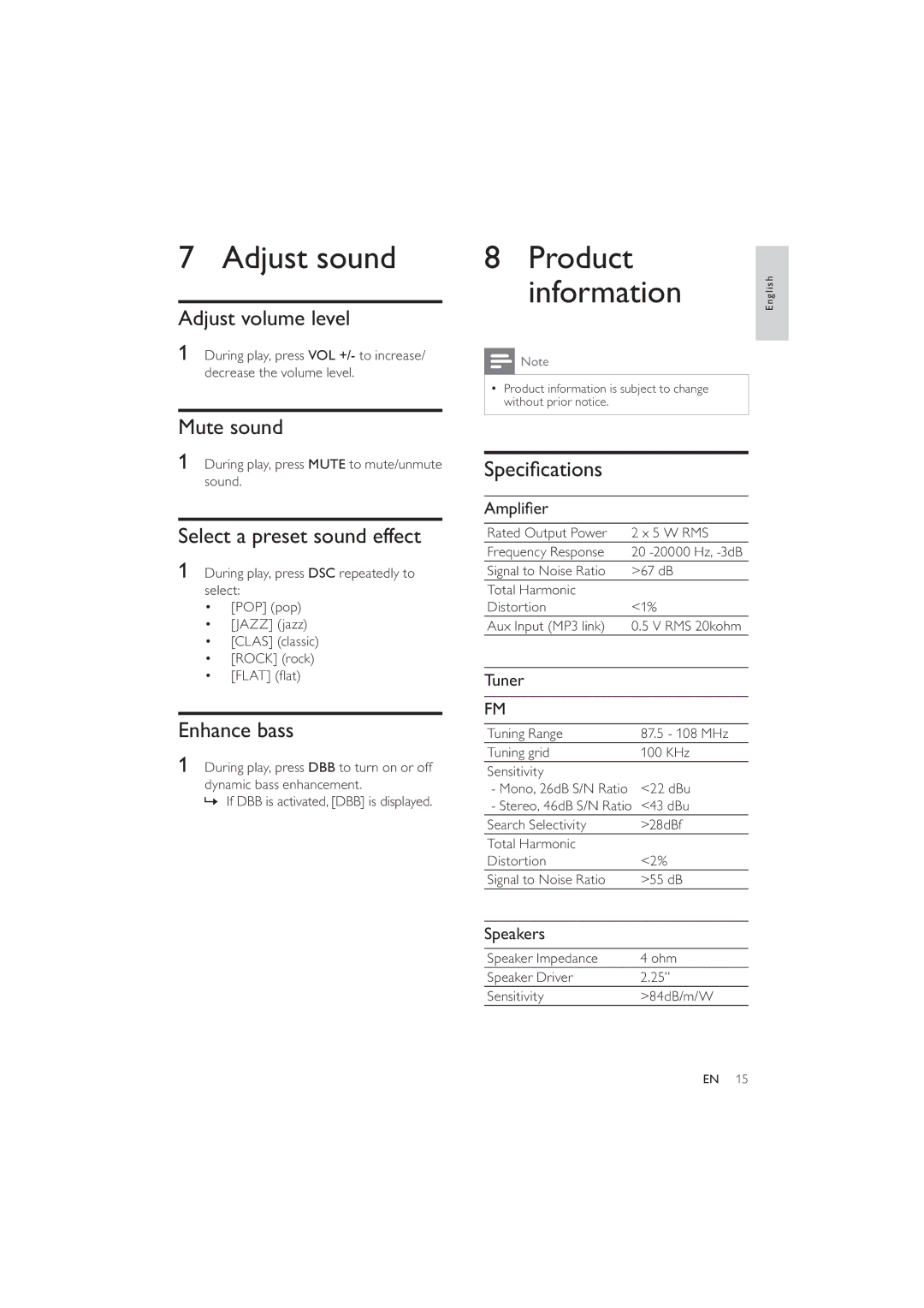 Philips DC290/37 user manual Adjust sound, Product, Information 