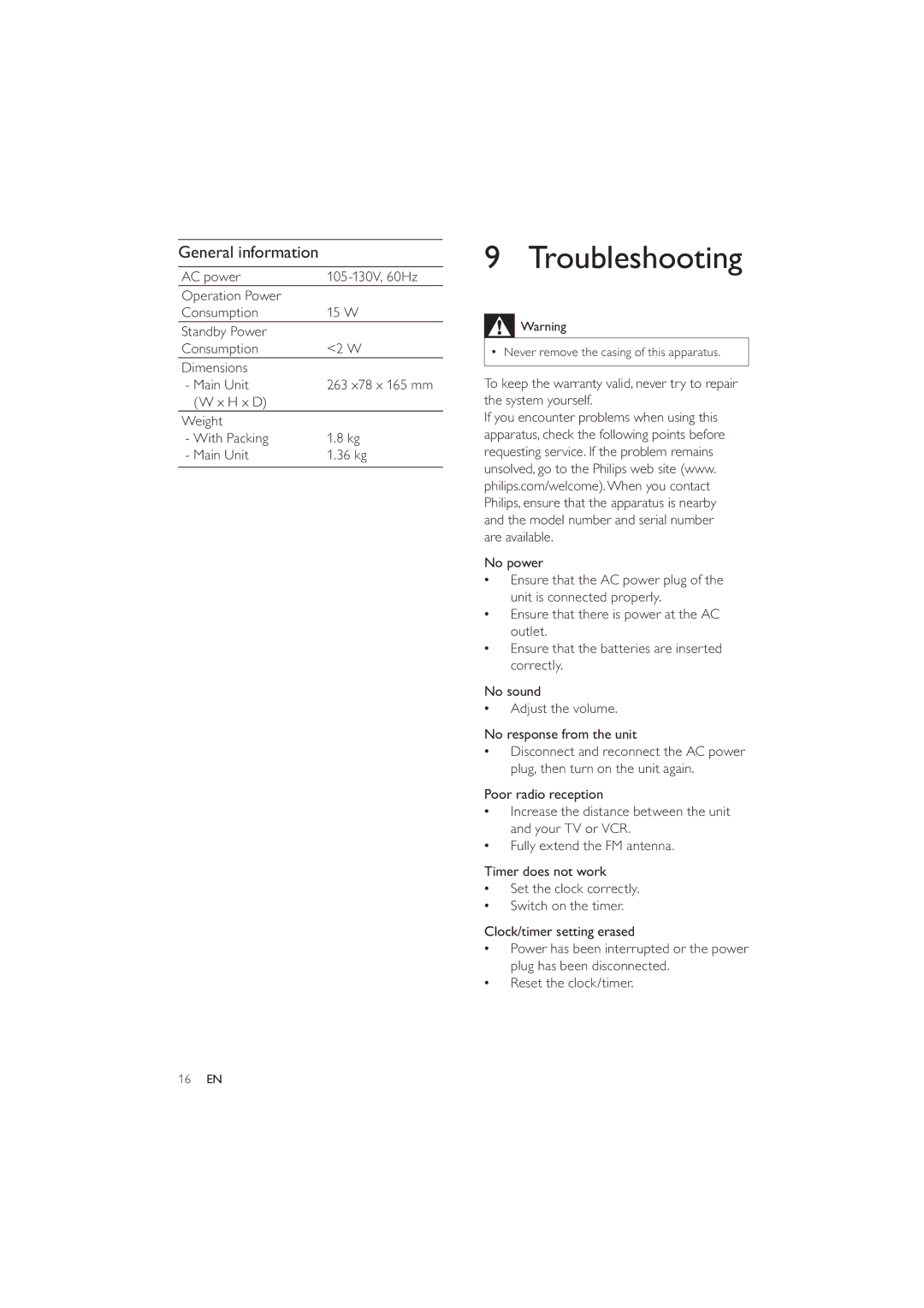 Philips DC290/37 user manual Troubleshooting, General information, H x D Weight With Packing Main Unit 36 kg 