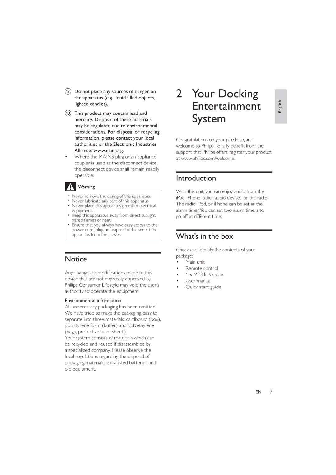 Philips DC290/37 user manual Your Docking, Entertainment, System, Introduction, What’s in the box 