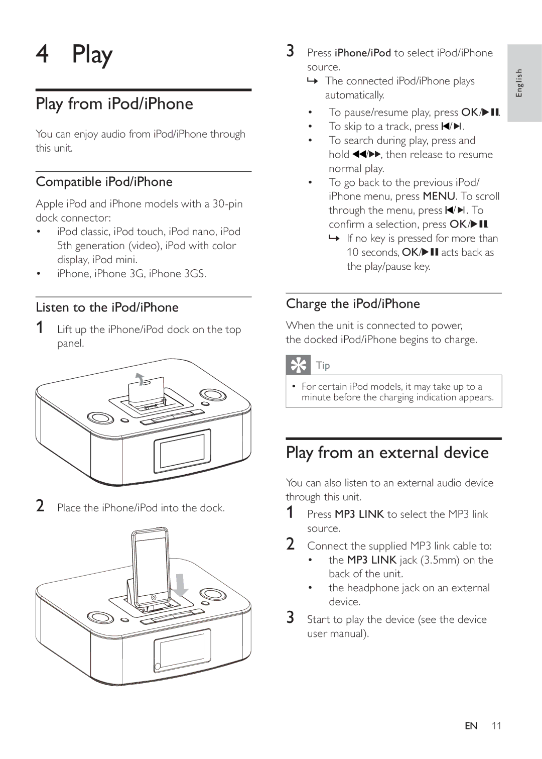 Philips DC290/61, DC290/12 user manual Play from iPod/iPhone, Play from an external device 